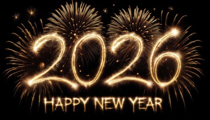 Poster - glowing 2026 sparkler digits with golden fireworks burst on black background for new year celebration design, ideal for greeting card, banner, or festive branding

