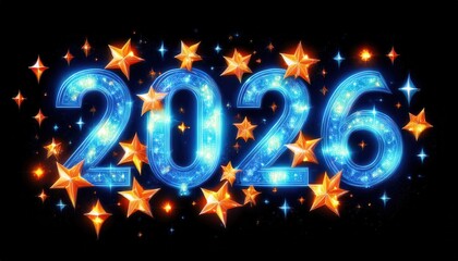 Poster - vibrant glowing 2026 neon numbers with dynamic orange and blue sparkles on black background for futuristic new year greeting, web banner, branding, or festive poster design

