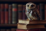 sowa, portret studyjny, realistyczna sowa, sowa w okularach, sowa w krawacie, styl biblioteczny, książki vintage, stare książki, regał z książkami, pokój do czytania, styl editorial, styl kinowy, świa