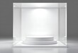 © Ahmad - Minimalist display case with two-tiered white pedestal under bright spotlight