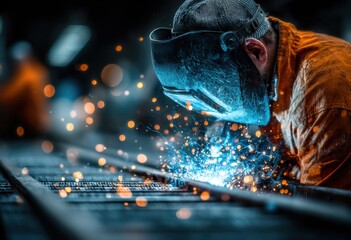 Poster - Welder Working With Protective Gear and Bright Sparks, Showcasing Skilled Labor and Industrial Manufacturing : Generative AI