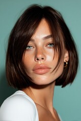 Aufkleber - Portrait of a Young Woman with Freckles and Blue Eyes Against Teal Backdrop, Showcasing Beauty and Natural Skincare : Generative AI