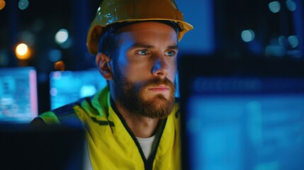 Poster - Focused Engineer Working at Night in Control Room, Representing Industrial Innovation and Professional Dedication : Generative AI
