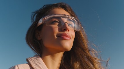 Aufkleber - Young Woman Wearing Protective Eyewear Looking Up at the Sky, Representing Future Vision and Optimism in Workplace Safety and Innovation : Generative AI