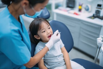Poster - Young Girl Receiving Dental Checkup From Dentist in Clinic, Illustrating Pediatric Healthcare and Preventative Medicine for Children's Wellness : Generative AI