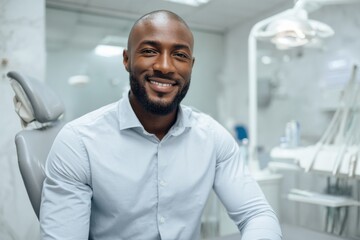 Poster - Smiling African American Man in Dentist Chair, Representing Healthcare Confidence and Patient Satisfaction During Medical Checkup : Generative AI