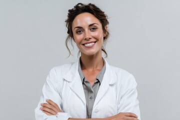 Poster - Smiling Female Doctor in White Lab Coat With Arms Crossed, Representing Healthcare Professionalism and Medical Expertise for Recruitment Campaigns : Generative AI