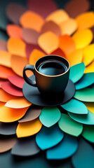 Poster - A cup of black coffee stands on the table, surrounded by a colorful palette