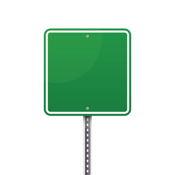 A vibrant green, blank sign with white trim stands ready for customization on a speckled metal pole. The clean design offers a template for directions or information.
