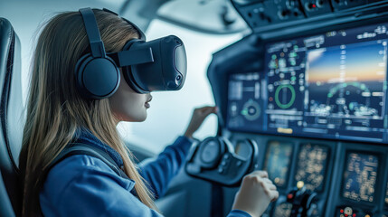 Female pilot in virtual reality goggles flying an airplane, with colorful training displays on the screen. A girl using a VR headset for a mock flight.