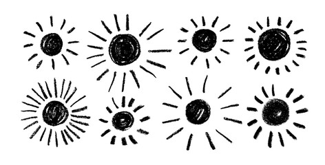 Poster - Crayon drawn naive sun icons. Kid's drawing, crayon pencil doodle sun. Hand drawing chalk scribble. Texture childish elements for kindergarten design, childish banners. Vector freehand shapes.
