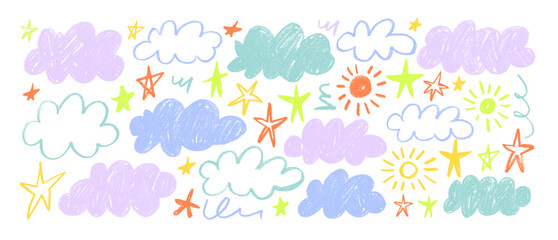 Poster - Pastel colored crayon drawn cute kid clouds, sun and stars. Vector naive colorful childish doodle clouds. Naive funky cute ink illustration. Pencil scribbled texture. Funky sky childish elements.