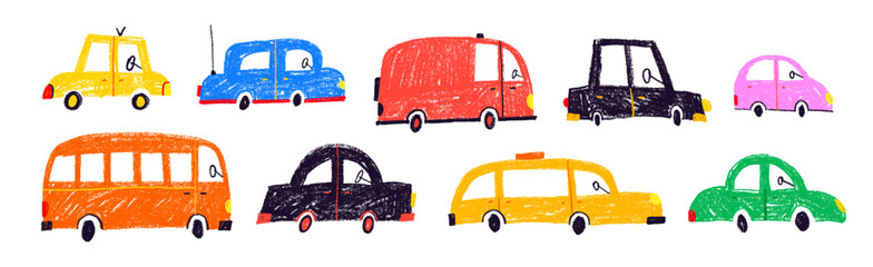 Poster - Crayon drawn naive funky kid cars collection. Sketch colorful childish pencil drawn elements. Cute childish cars. Vector kid cute doodle set. Collection of crayon cartoon transports.