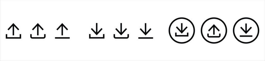 Download and upload icon buttons set. Download and upload icon. Files download and upload icons symbol in line and flat style on white background. Vector illustration