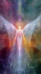 Aufkleber - An angelic figure with white wings, radiating light and rainbow colors, symmetrical design