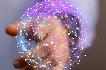 Poster - Abstract image of a hand holding a glowing network sphere. Represents connection, technology, and global communication.