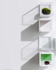 Poster - Floating Geometric White Cubes with Long Shadows on a White Wall