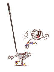 Poster - Golf sport club and ball groovy funny character. Sport tournament hippie groovy isolated vector mascot, golf club competition cute funky cartoon personage. Sport game championship cheerful character