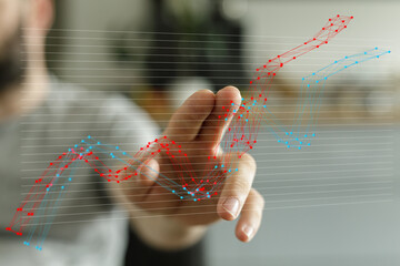 Poster - Stock photo of a businessman interacting with a digital growth chart, showcasing data analysis and business growth.