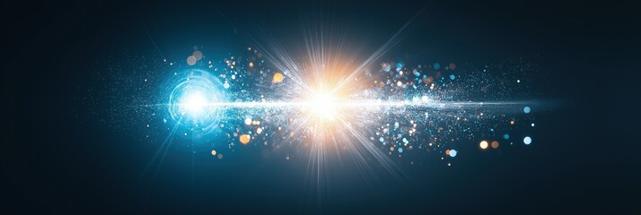 Poster - A blue and orange light is shown in the middle of a dark background. The light is surrounded by a lot of small dots, giving the impression of a bright, colorful explosion