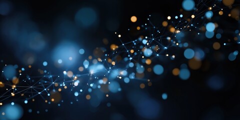 Poster - Abstract blue and gold bokeh lights with network connections on dark background