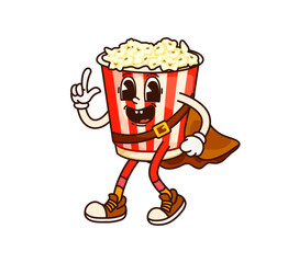 Fototapete - Groovy popcorn pirate or corsair with funny face, cartoon vector fast food character. Groovy popcorn bucket snack as Caribbean corsair with funky smile in pirate mantle as sailor skipper or corsair