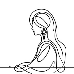 Poster - Elegant woman in profile with long hair drawn in single line outline vector  