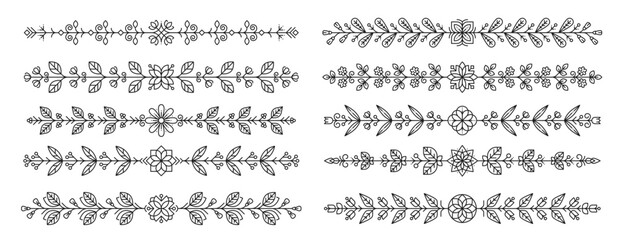 Poster - Line and outline flower divider borders. Vector decorative, elegant, floral horizontal linear trims, featuring monochrome flowers, leaves, and vines. Embellishments and decor for wedding invitations