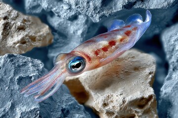 Poster - Elegant Squid Swimming Among Rocks, Showcasing Marine Biology and Underwater Exploration, Perfect for Educational Content and Conservation Awareness : Generative AI
