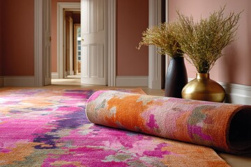 Aufkleber - Rolled Up Colorful Rug in Brightly Lit Room, Representing Home Decor and Interior Design Trends for Modern Living Spaces and Creative Expression : Generative AI