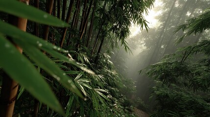 Poster - Lush Bamboo Forest Bathed in Morning Mist, Representing Serenity and Environmental Awareness for Sustainable Living Initiatives : Generative AI