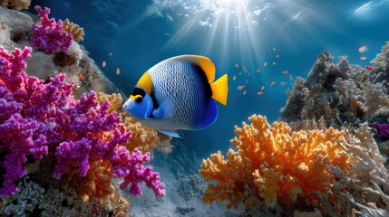 Poster - Angelfish Swimming Among Colorful Coral Reef, Representing Marine Conservation and Ecotourism, Undersea Beauty : Generative AI