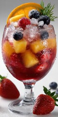 Poster - Refreshing Fruit Cocktail in Glass with Ice, Showcasing Summer Indulgence and Healthy Lifestyle Choices for Food and Beverage Advertising : Generative AI