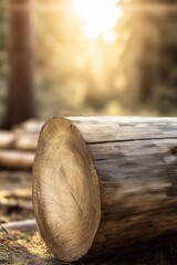 Poster - Close-Up of a Cut Tree Trunk in a Forest Clearing at Sunset, Representing Natural Resources and Environmental Conservation : Generative AI