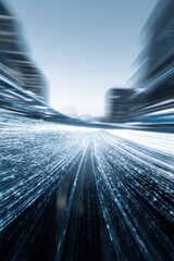 Poster - Abstract Blue Light Streaks Through Cityscape, Illustrating Technology and Digital Transformation, Ideal for Modern Innovation and Progress : Generative AI