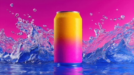 Poster - Soda Can with Gradient Colors Surrounded by Splashing Water, Showcasing Refreshment and Summer Beverage Advertising : Generative AI