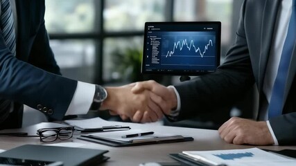 Poster - Two businessmen in suits shake hands over a desk with financial documents and a screen displaying a stock chart.