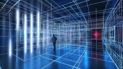 Poster - People explore a futuristic room filled with glowing blue grid lines, creating a digital, immersive environment.
