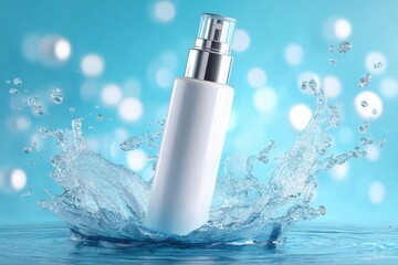 Poster - White Cosmetic Bottle Mockup Splashing in Water, Showcasing Purity and Hydration for Beauty Product Advertising and Skincare Marketing Campaigns : Generative AI