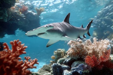 Poster - Hammerhead Shark Swimming Near Coral Reefs in Clear Blue Ocean, Representing Marine Conservation and Ocean Exploration : Generative AI