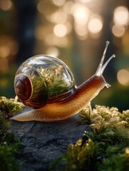 Aufkleber - Snail With Transparent Shell Containing Plant Life on Mossy Rock, Symbolizing Environmental Awareness and Sustainable Living : Generative AI