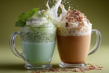 Aufkleber - Matcha and Coffee Latte Drinks Splashing Together, Representing Indulgence and Refreshment for Food and Beverage Advertising : Generative AI