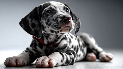 Poster - Dalmatian Puppy Lying Down With Red Collar, Representing Pet Adoption and Animal Welfare, Looking Up With Hope : Generative AI