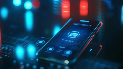 Aufkleber - A modern smartphone with glowing blue interface icons in a futuristic digital environment.