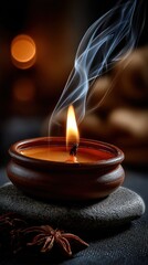 Aufkleber - Aromatic Candle Burning With Smoke on Stones, Representing Relaxation and Mindfulness for Wellness and Meditation Practices : Generative AI