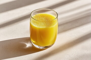 Poster - Glass of Fresh Orange Juice on Table With Window Light, Symbolizing Healthy Lifestyle and Summer Refreshment, Ideal for Food and Beverage Advertising : Generative AI