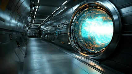 Poster - A futuristic metallic hallway with a glowing, complex, circular energy portal at one end, emitting bright orange light.