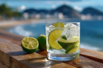 Poster - Refreshing Caipirinha Cocktail With Lime Slices on Wooden Table Overlooking Beach, Representing Leisure and Summer Vacation : Generative AI