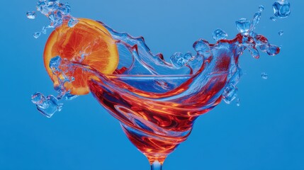 Aufkleber - Vibrant Cocktail with Orange Slice and Ice Cubes Against Blue Backdrop, Symbolizing Celebration and Refreshment for Summer Promotions : Generative AI