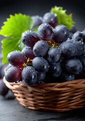 Poster - Fresh Black Grapes in Wicker Basket With Water Droplets, Showcasing Healthy Eating and Agricultural Harvest : Generative AI